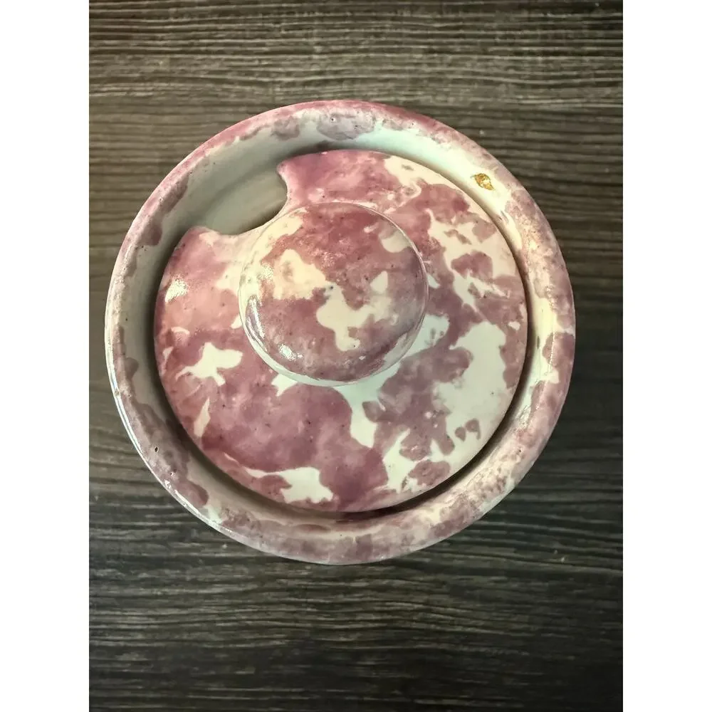 Vintage Handmade Pottery Rose Spongeware Glaze Sugar Bowl